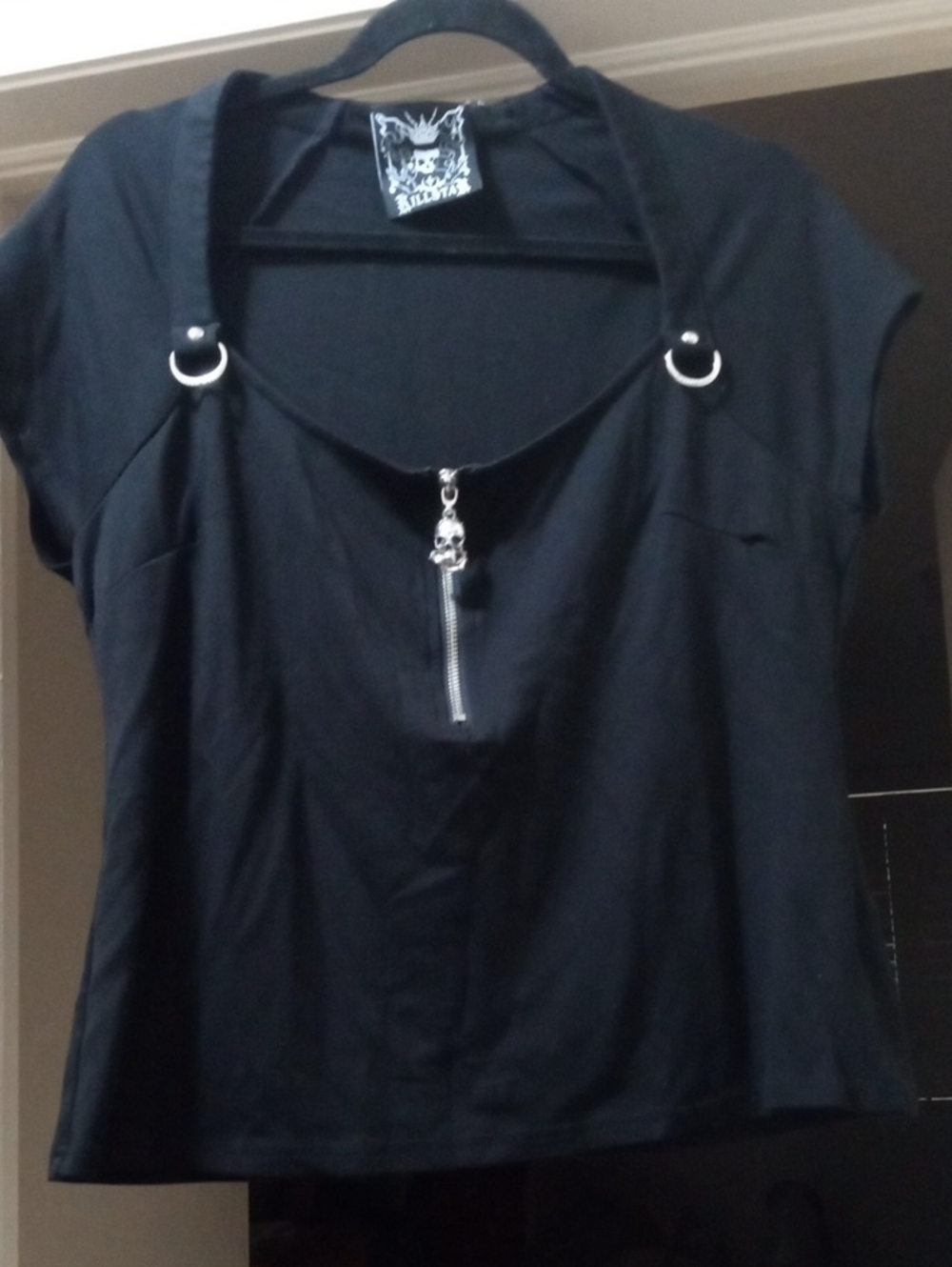 Killstar Black Short Sleeve Skull-Zip Tee with Ring Straps Bust 40